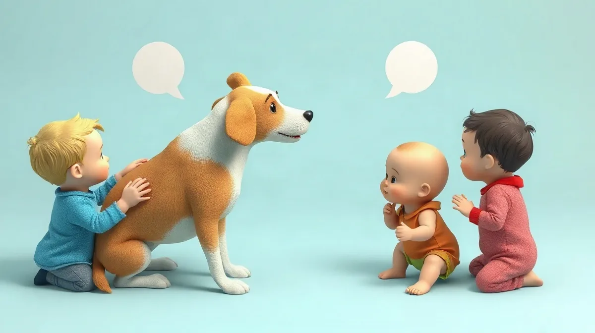 Hero illustration for the article “Dog Talks Back to Toddlers in Viral Video, Showcasing Canine”